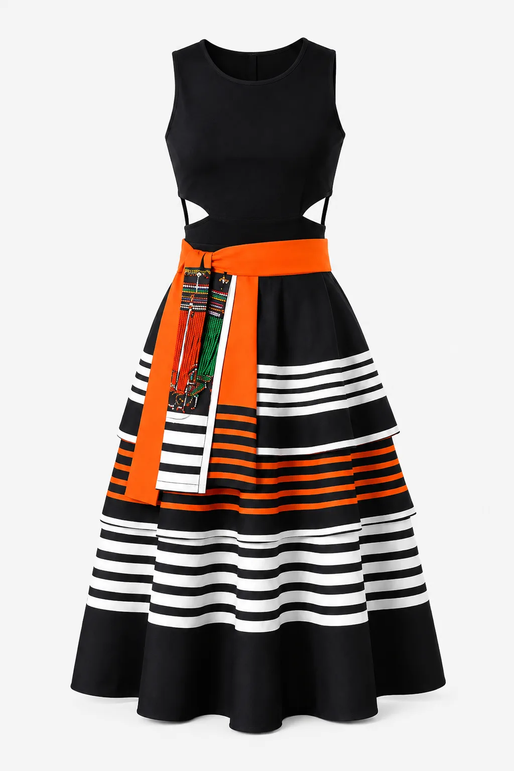 Black sleeveless dress with waist cut-outs, white and orange striped skirt and a printed orange sash