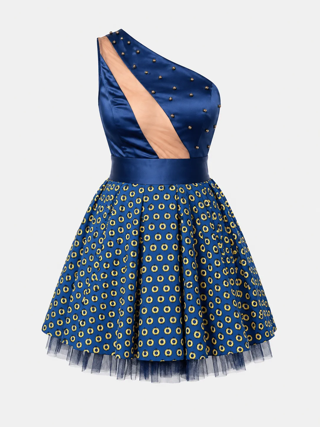Blue one-shoulder dress with a studded satin bodice, printed flared skirt and tulle hem