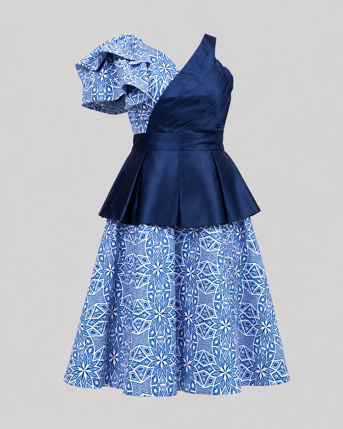 Blue one-shoulder dress with a satin peplum bodice, ruffled shoulder and printed skirt