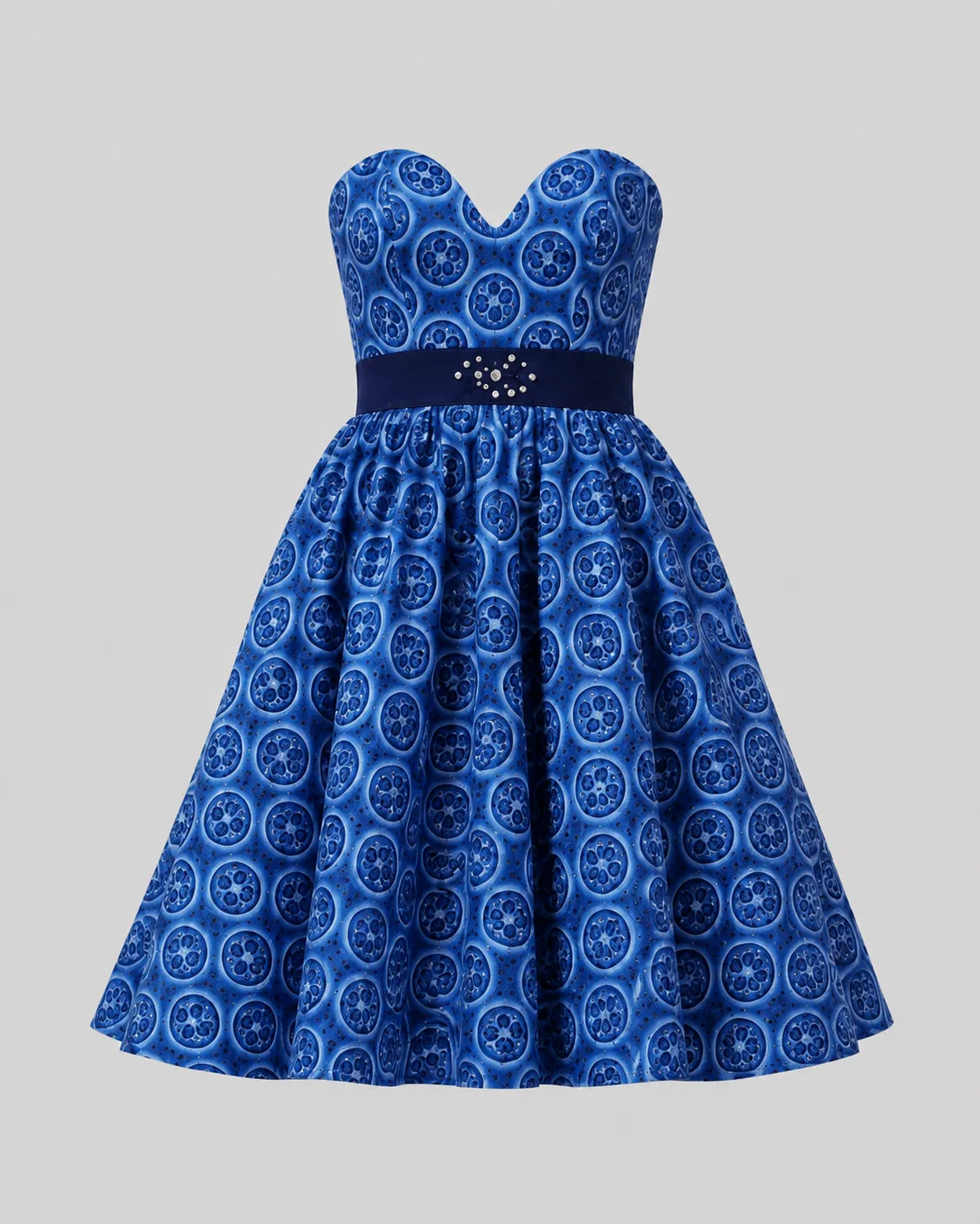 Royal blue printed strapless dress with a full flared skirt and embellished waistband