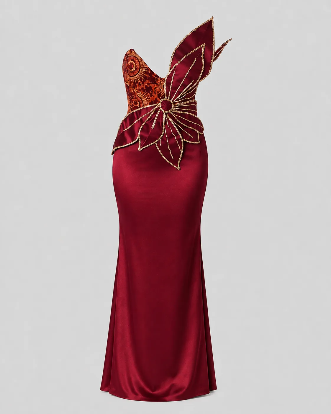 Burgundy satin column gown with a sculpted, beaded floral bodice