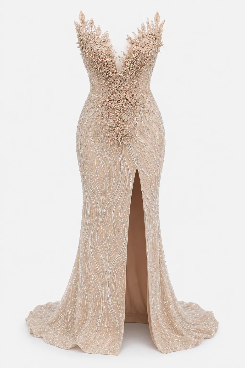 Champagne beaded mermaid evening gown