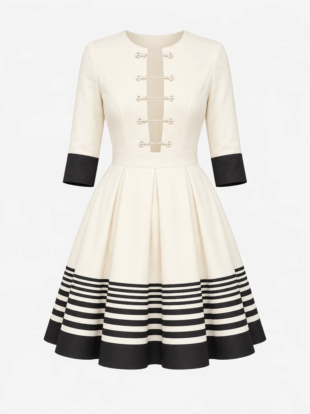 Cream three-quarter-sleeve dress with hook-and-eye front fastenings and black striped cuffs and hem