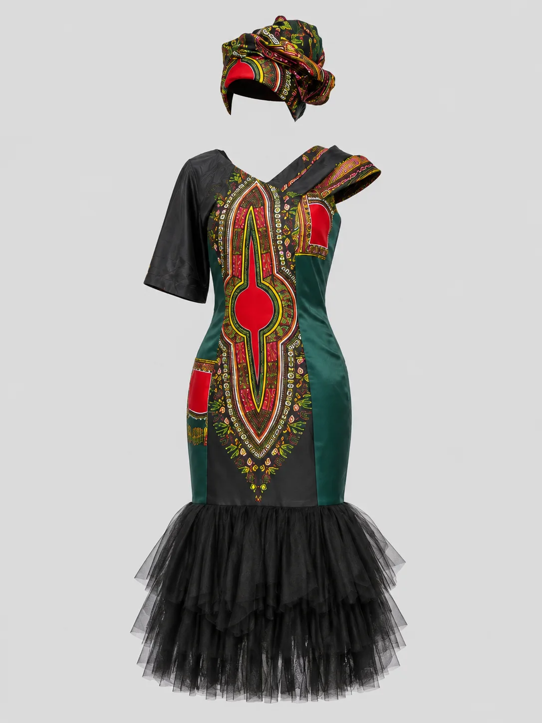 Black and green dashiki-print dress with a tiered tulle hem and matching headwrap