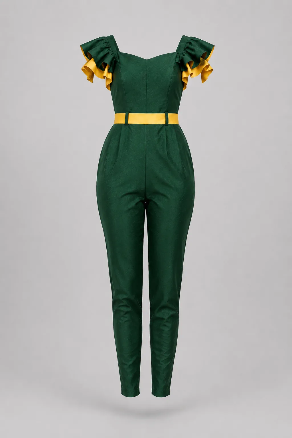 Emerald green tailored jumpsuit with yellow ruffled shoulders and a yellow waist belt