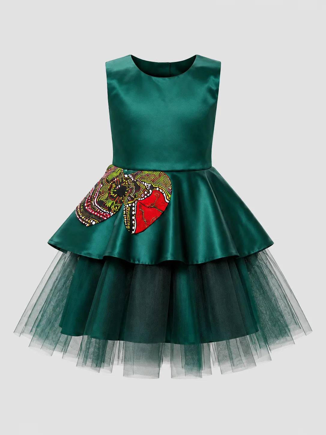 Emerald satin sleeveless dress with a printed appliqué at the waist and tiered tulle skirt
