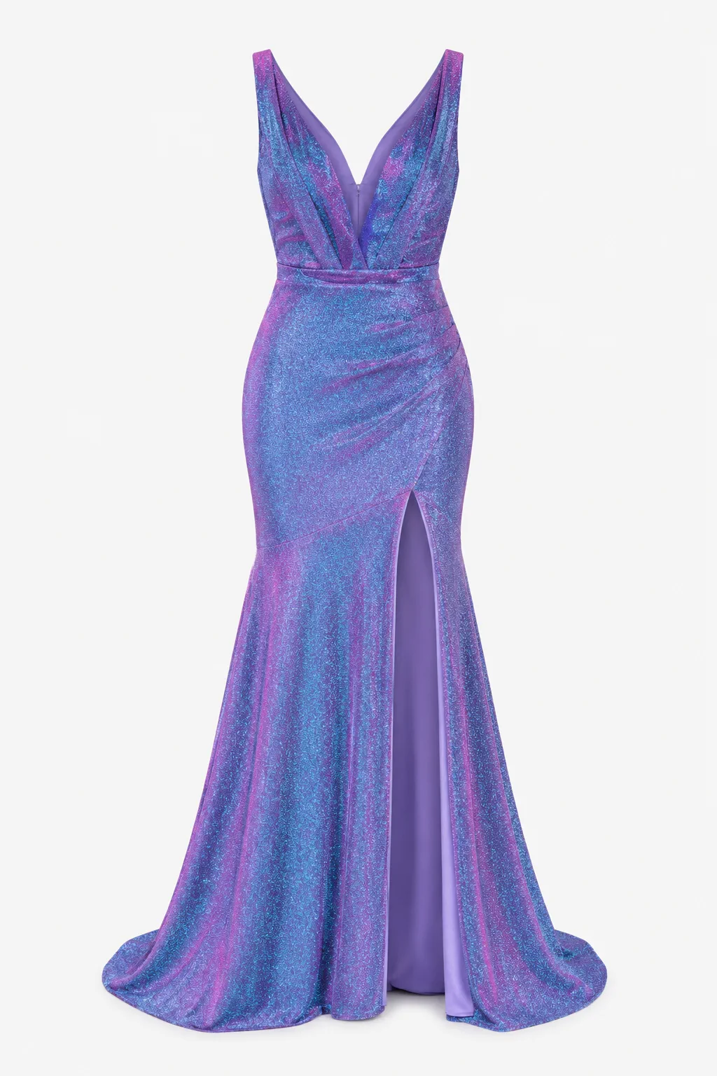 Shimmering blue and violet mermaid gown with a deep V neckline and thigh-high slit