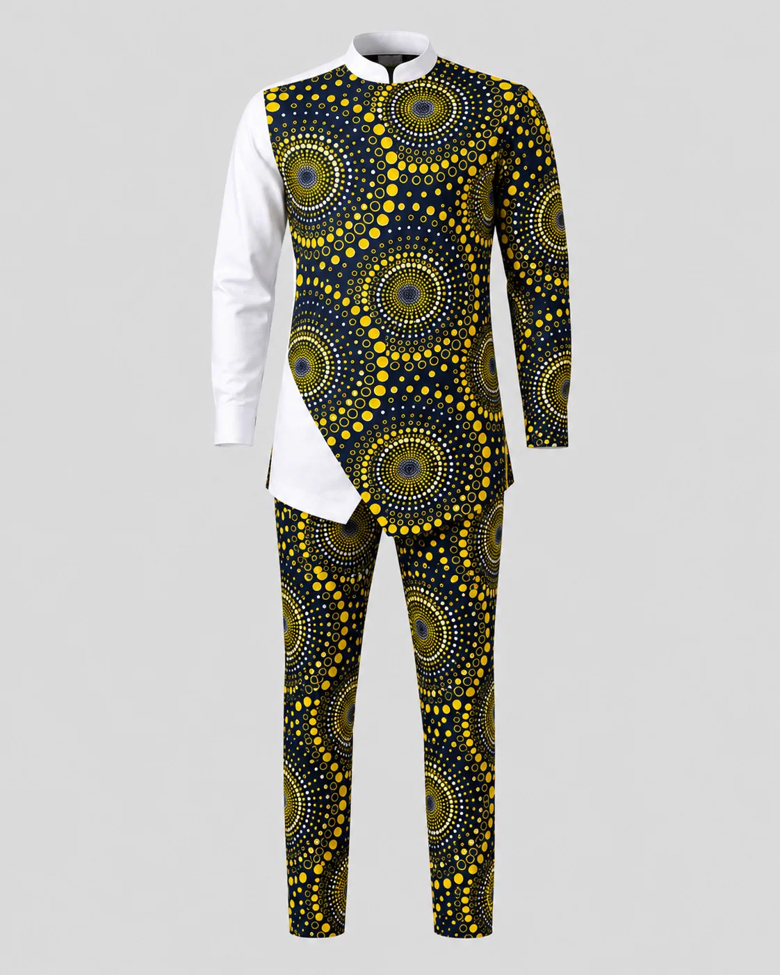 Men's two-piece set with an asymmetric white and navy-and-gold circular print shirt and matching trousers