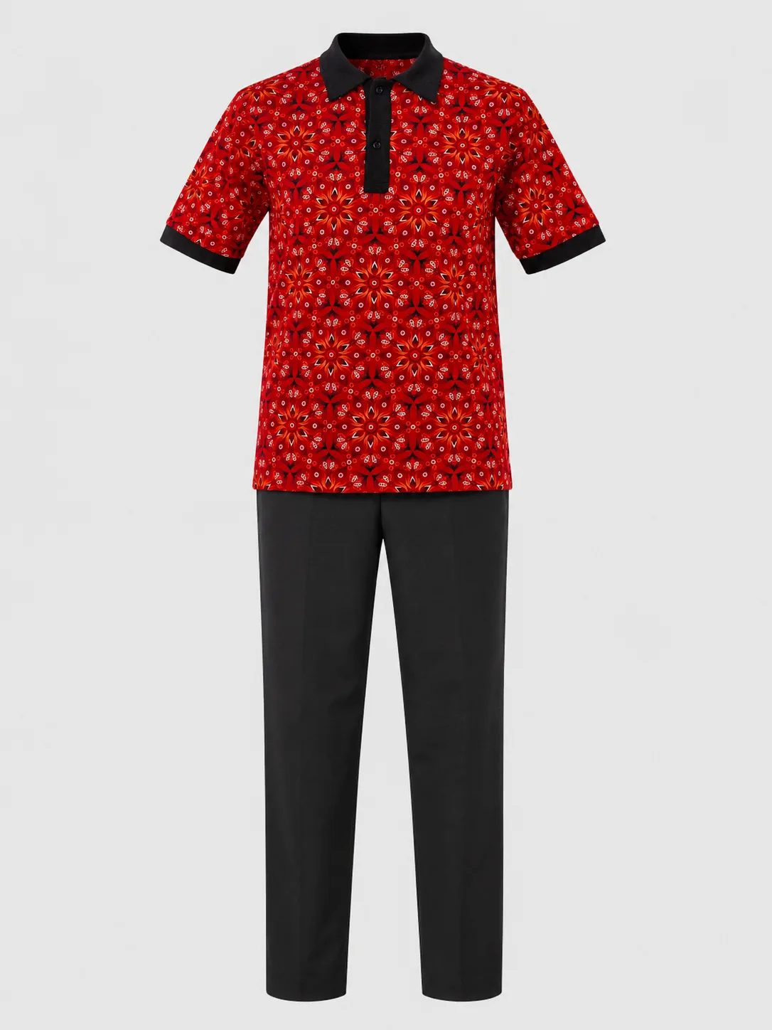 Men's red patterned short-sleeve polo shirt with black trim and black trousers