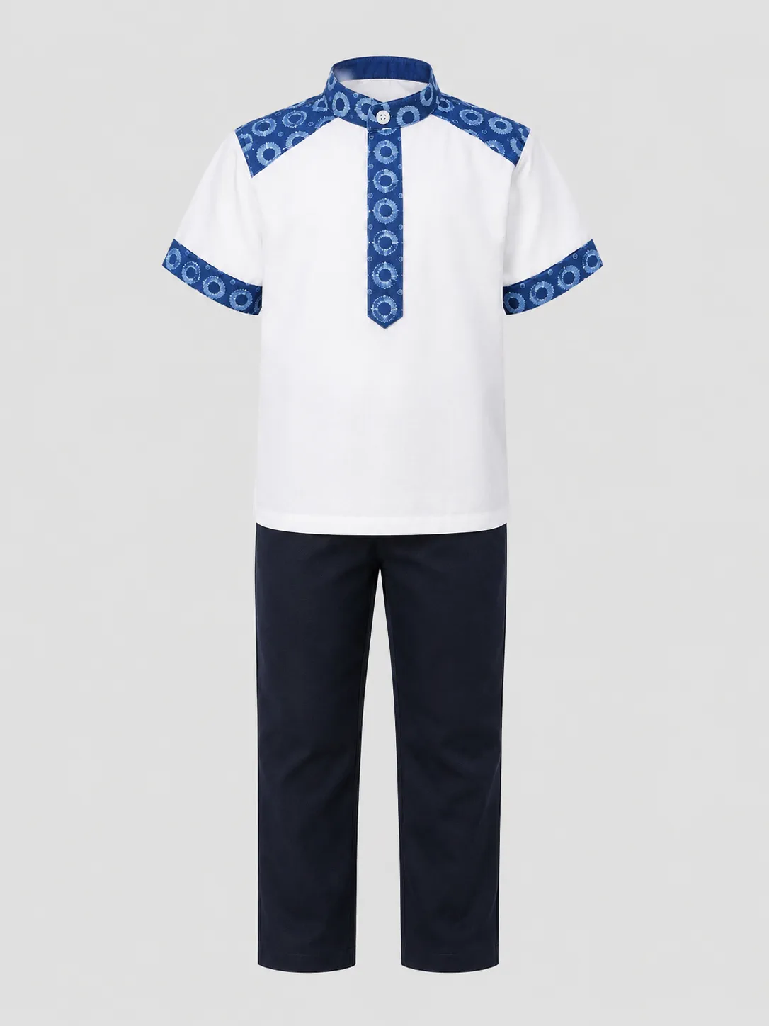 Men's white short-sleeve shirt with blue print trim on the collar, placket and shoulders, with navy trousers