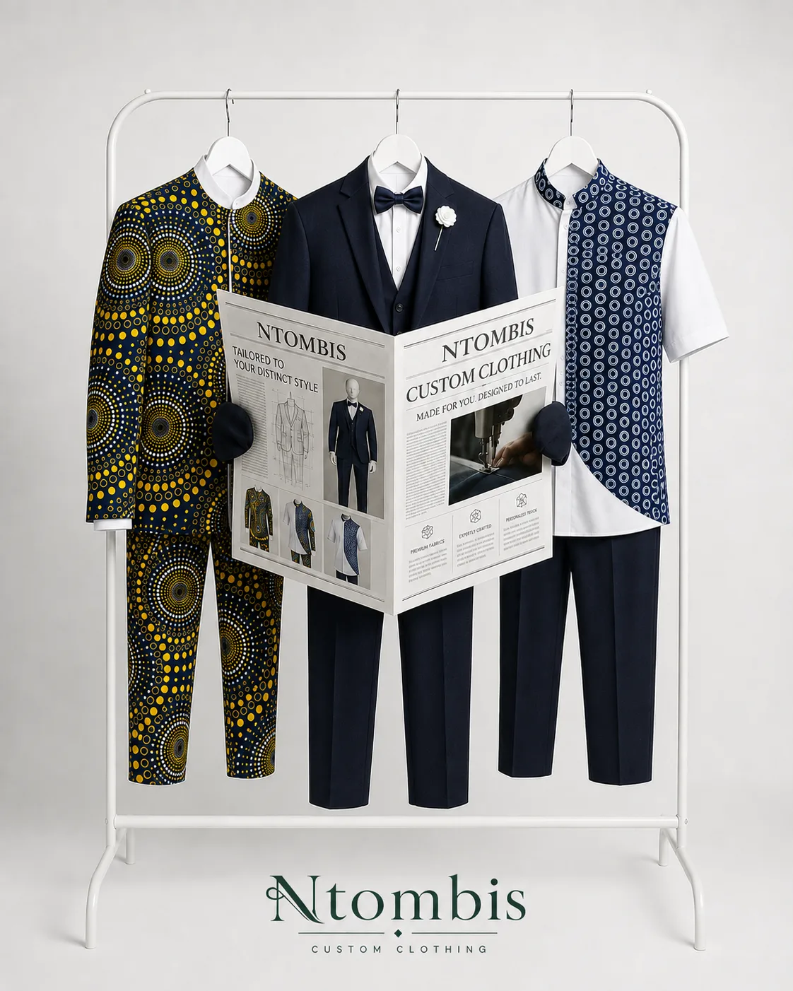 A white clothing rail holding three navy menswear looks: a long-sleeve top and trousers in a navy and yellow circular dot print, a navy three-piece suit worn with a white shirt, navy bow tie and white flower on the lapel, and a white short-sleeve shirt with a navy and white circular print panel over navy trousers. A folded newspaper propped in front reads Ntombis Custom Clothing, made for you, designed to last, and the Ntombis Custom Clothing wordmark sits below the rail.