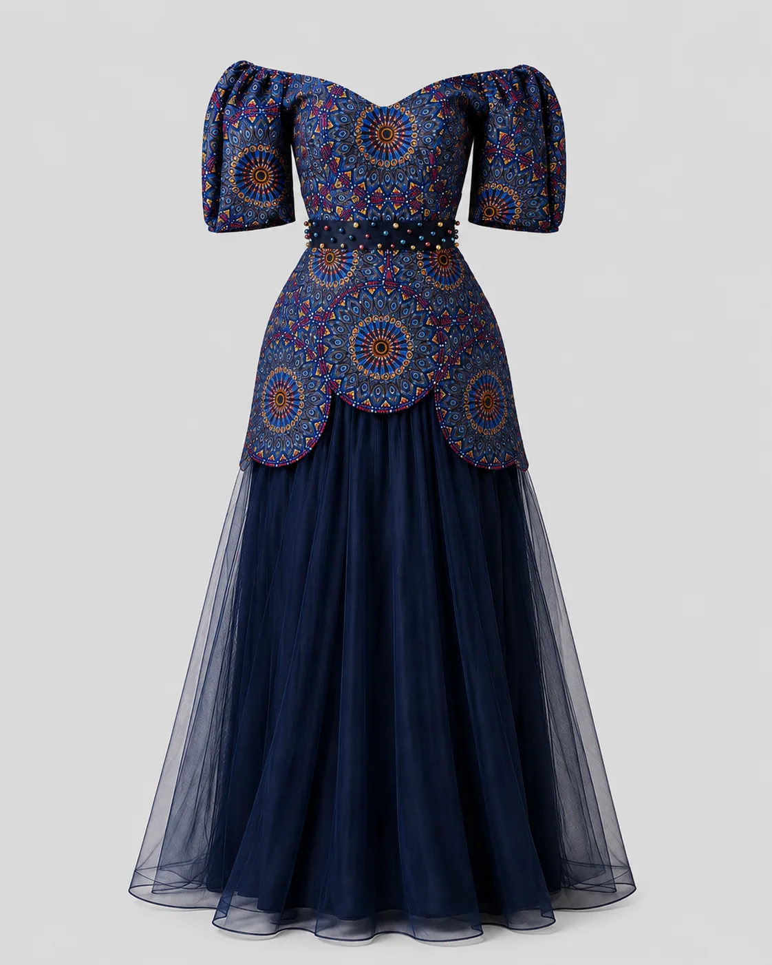Navy off-the-shoulder gown with a printed puff-sleeve bodice and scalloped peplum over a tulle skirt, seen from the front