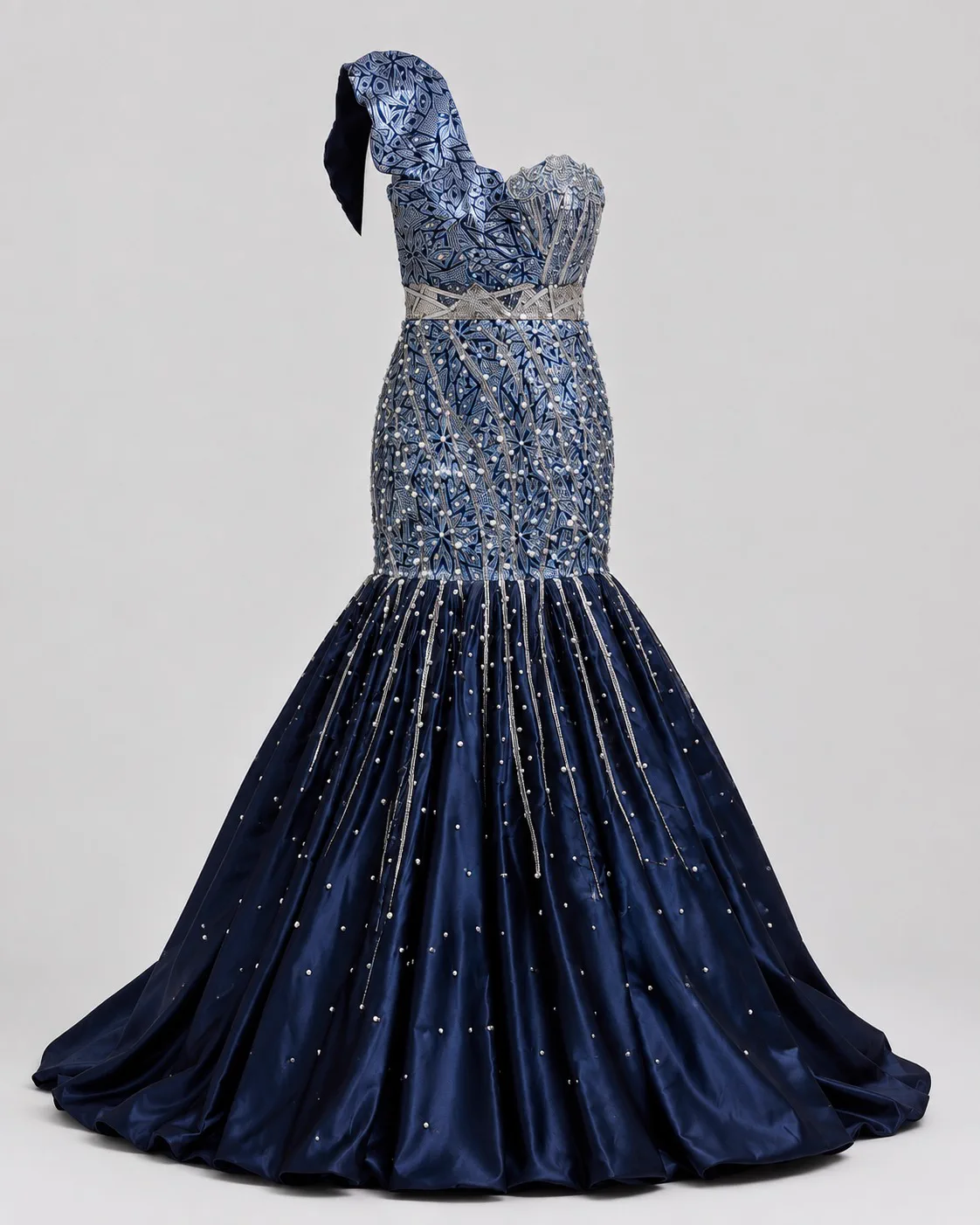 Navy one-shoulder mermaid gown with a sequinned bodice and crystal-scattered satin skirt