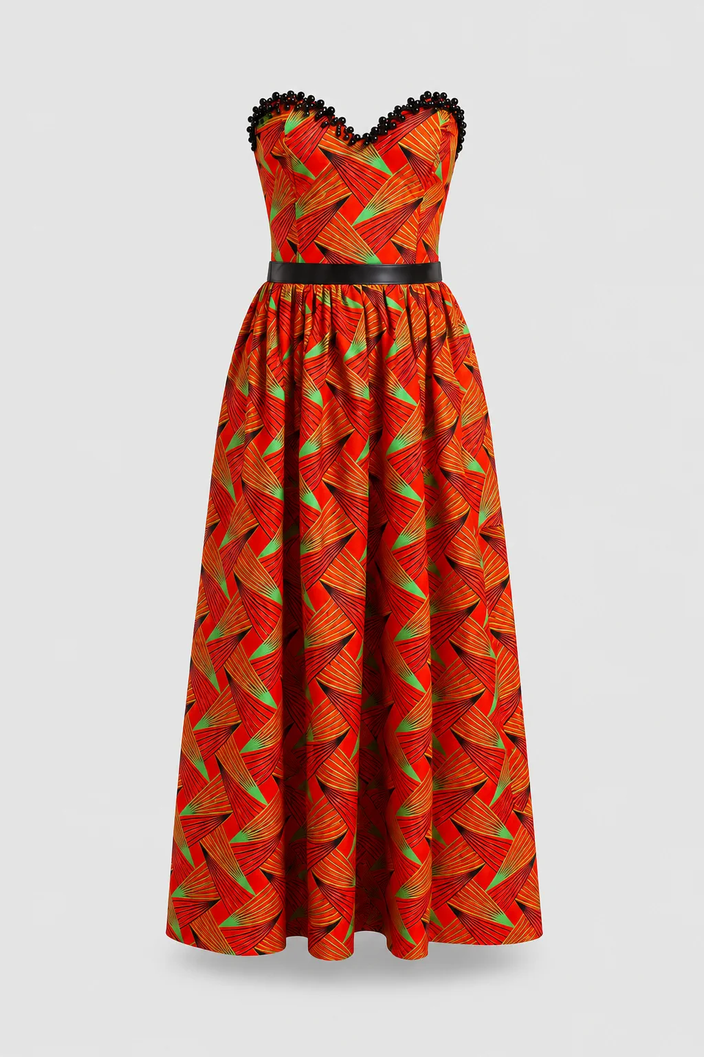 Orange and green printed strapless maxi dress with a black belt and lace-trimmed neckline