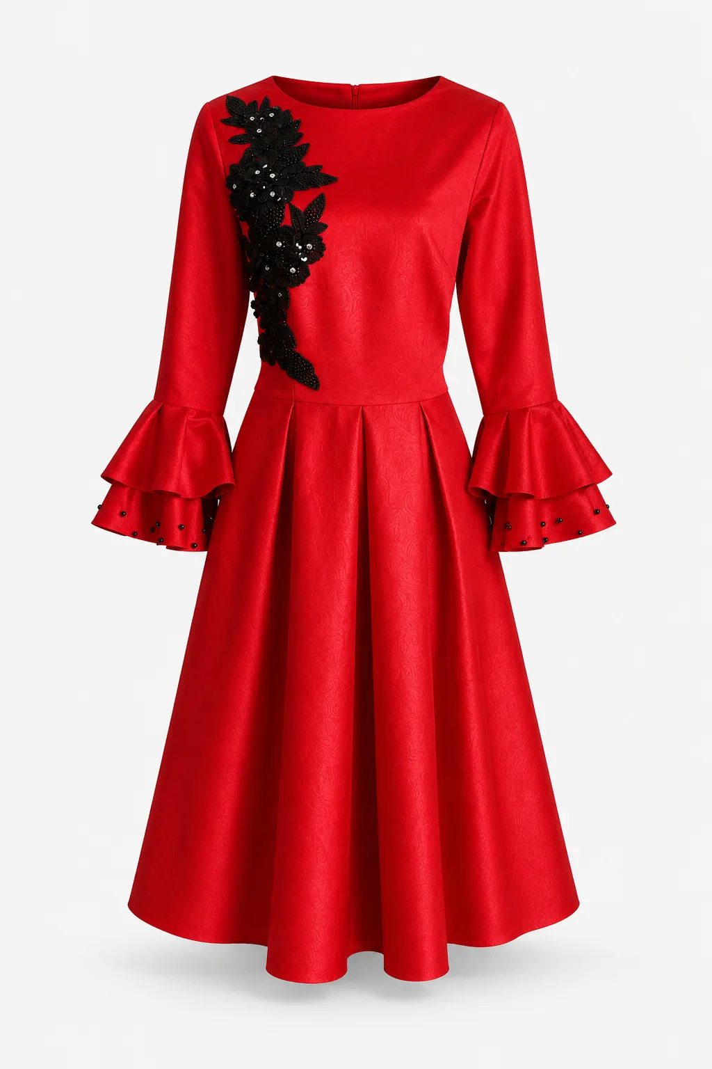 Red midi dress with tiered bell sleeves and black beaded floral appliqué across the bodice, previously featured as a matric dance dress
