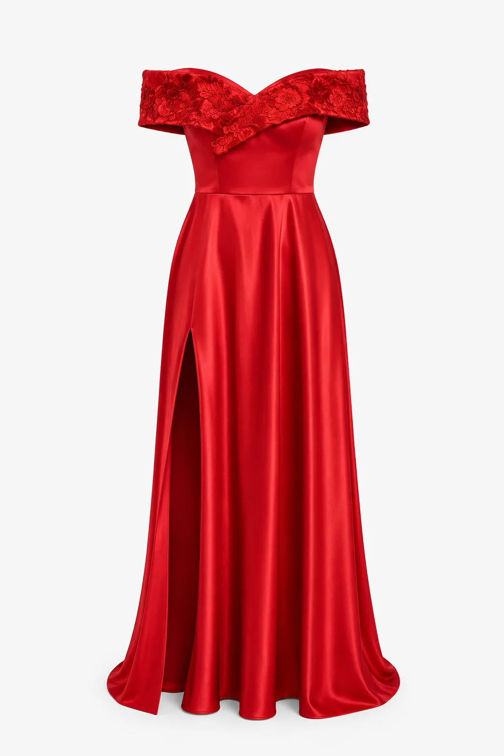 Red satin off-the-shoulder gown with a textured floral neckline and front slit