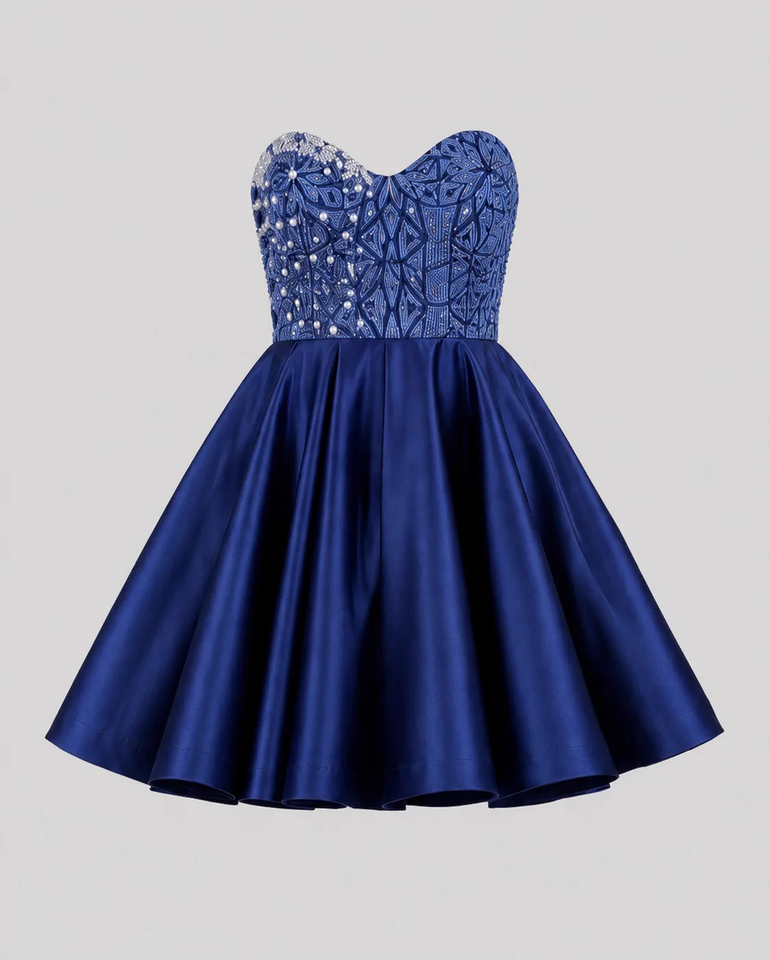 Royal blue strapless cocktail dress with an embellished bodice and full satin skirt