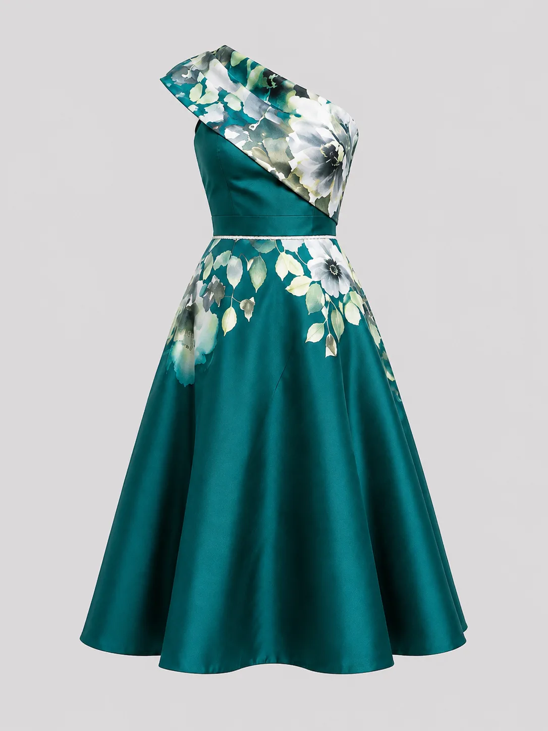Teal one-shoulder dress with a floral draped bodice and full skirt