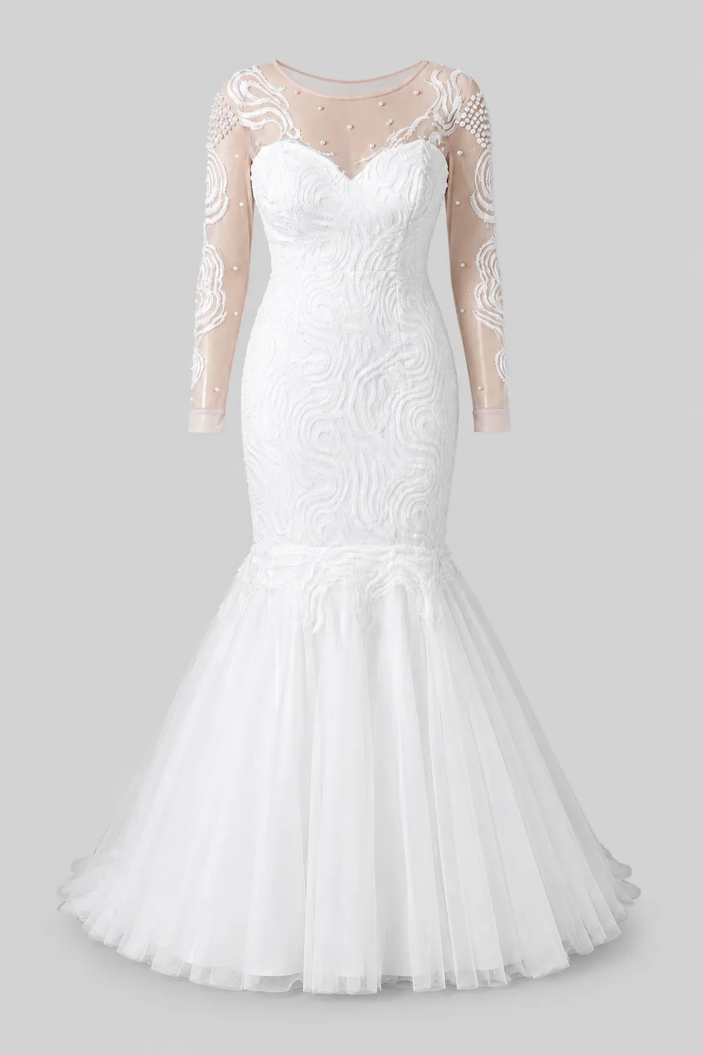 White mermaid bridal gown with sheer long sleeves and lace embroidery