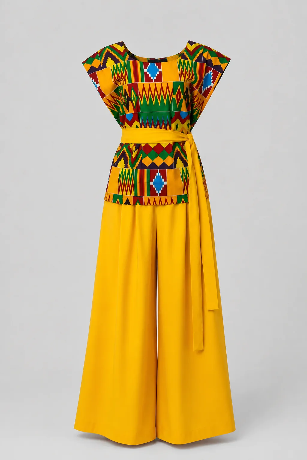 Yellow set with a geometric printed cap-sleeve top, tie belt and wide-leg trousers